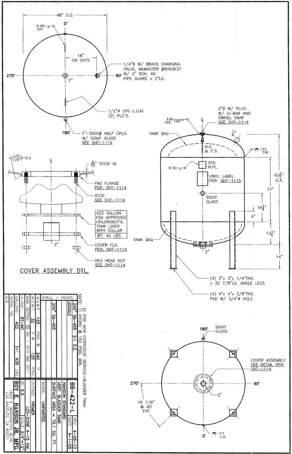 bladder water tank - 422 gallon bottom outlet ASME Water Tank, 125 psig ...